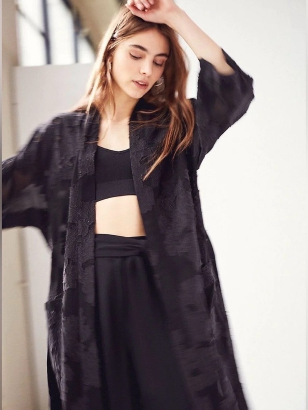Aritzia WILFRED Durante Black Sheer Floral Jacquard Kimono Robe Jacket, Size XS - Picture 2 of 13
